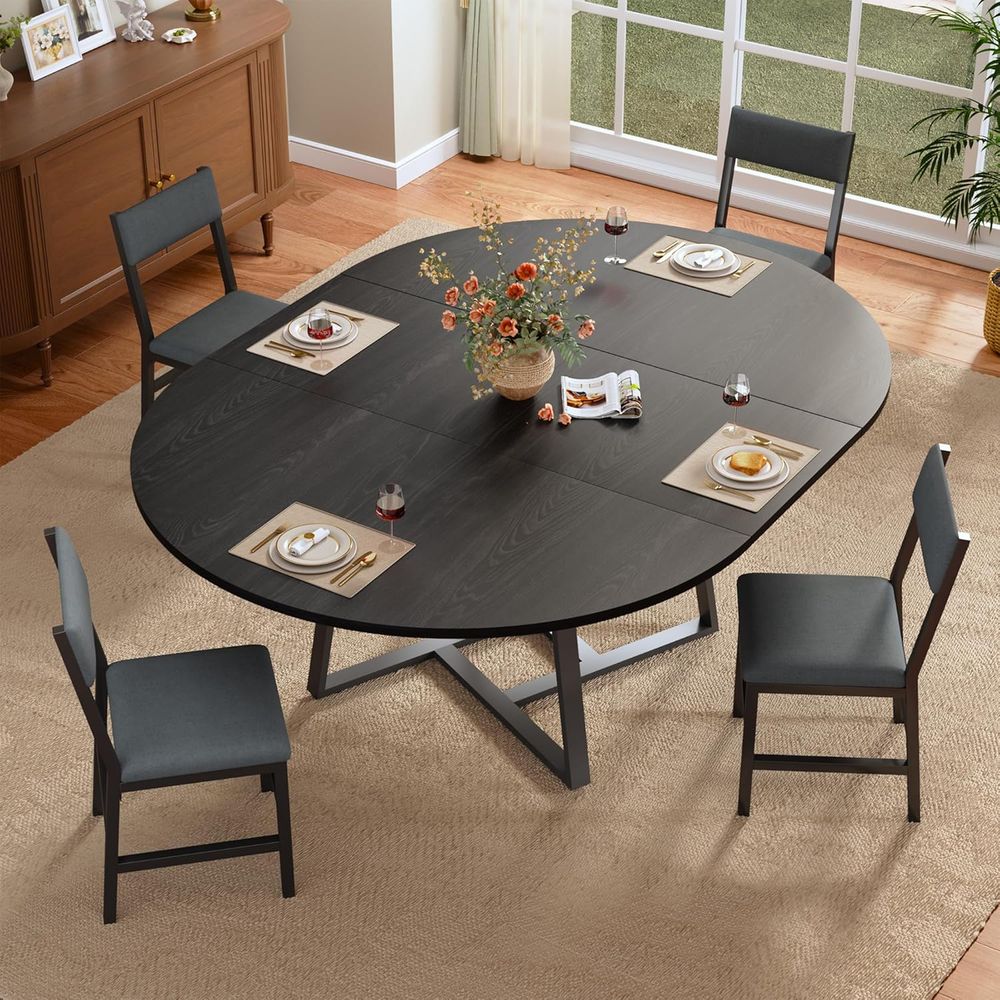 Desk Setup Black - 60 Round to Oval Expandable Dining