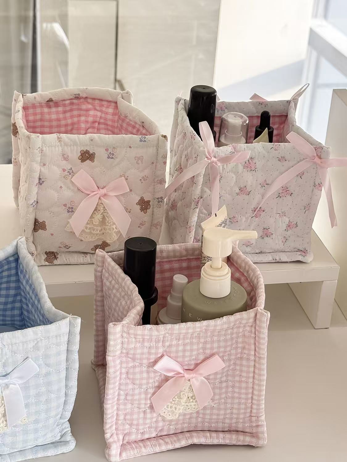 Korean Desk Setup - Square Storage Basket Lace Flower Desktop