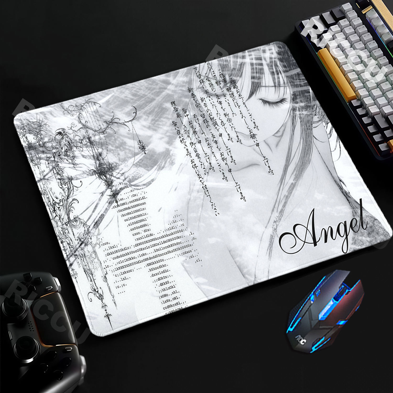 Desk Setup Black - Anime Aesthetics Black White Mouse Pad