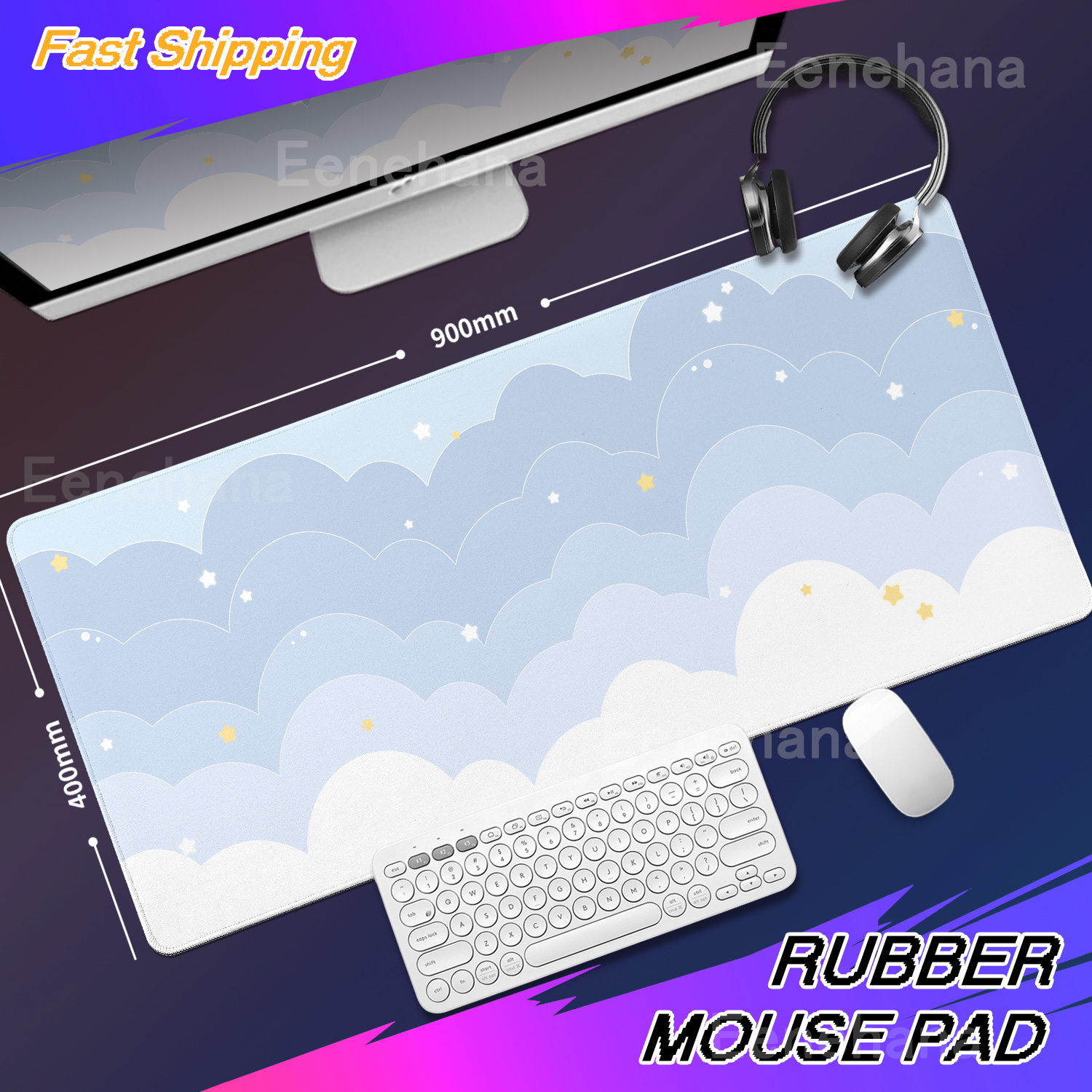 Korean Desk Setup - Light Blue Pink Clouds Desk Mat
