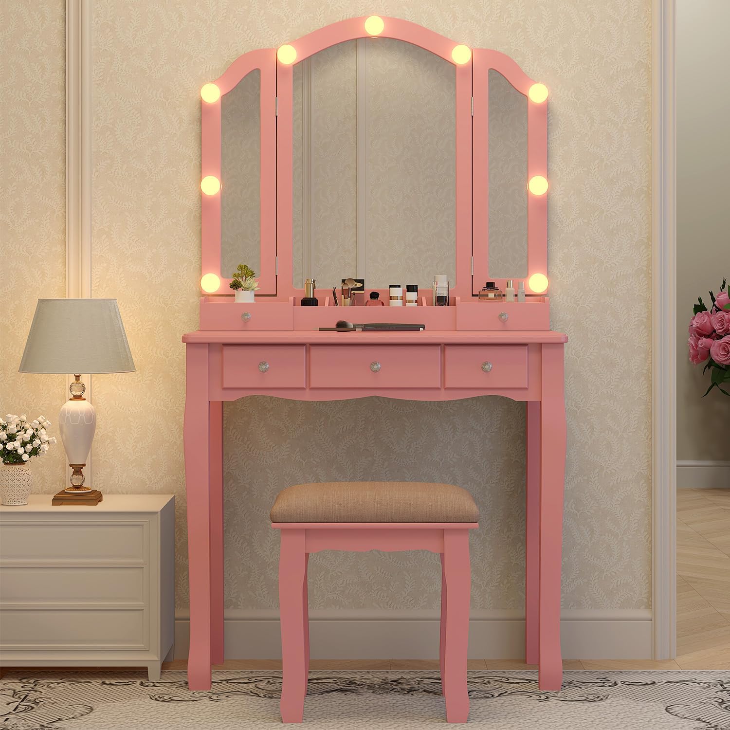 Pink Makeup Vanity Desk with M - Desk Setup Girl บทวิจารณ์และราคา