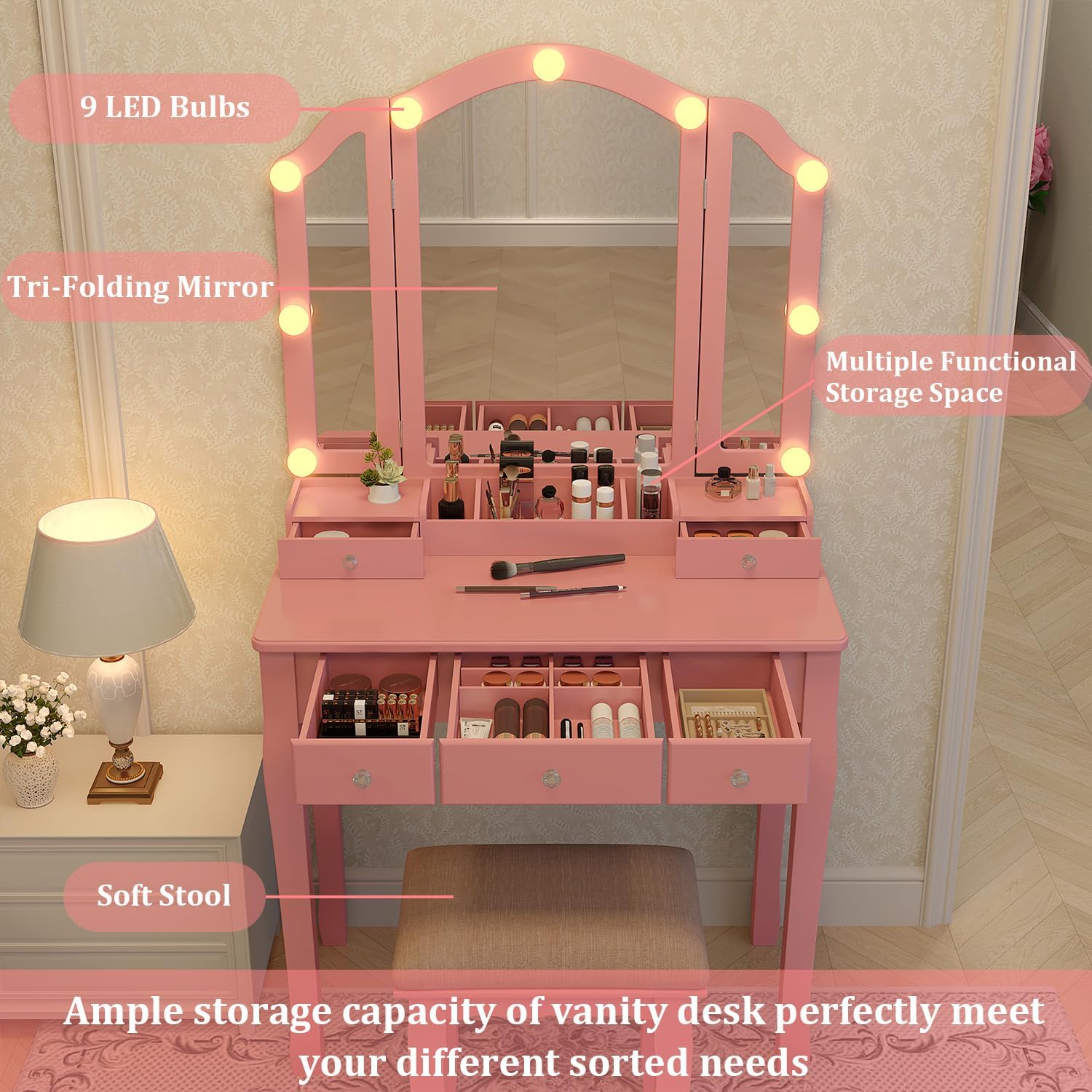 Pink Makeup Vanity Desk with M - Desk Setup Girl บทวิจารณ์และราคา