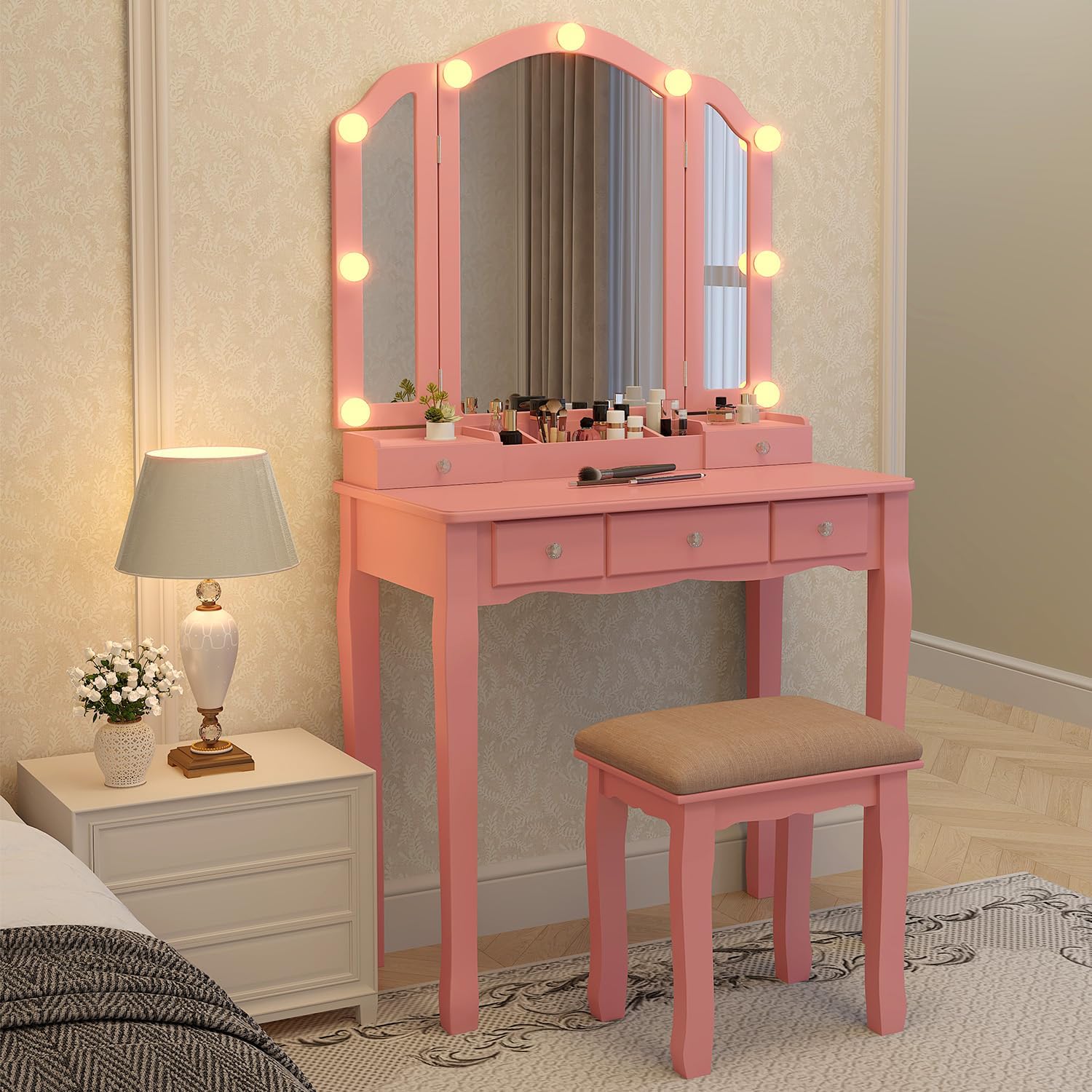 Pink Makeup Vanity Desk with M - Desk Setup Girl บทวิจารณ์และราคา