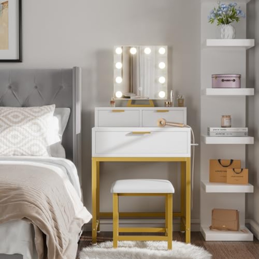 BOLUO Gold Makeup Vanity Desk  - Desk Setup Girl บทวิจารณ์และราคา