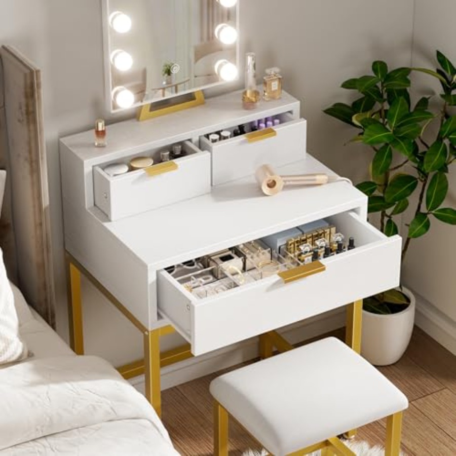 BOLUO Gold Makeup Vanity Desk  - Desk Setup Girl บทวิจารณ์และราคา