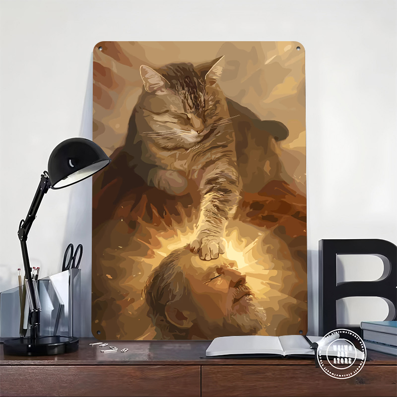 Cat Blessing a Man Tinplate Po - Desk Room Setup บทวิจารณ์และราคา