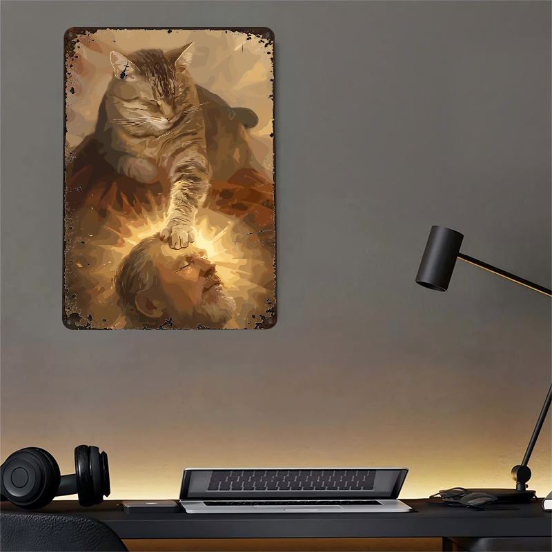 Cat Blessing a Man Tinplate Po - Desk Room Setup บทวิจารณ์และราคา